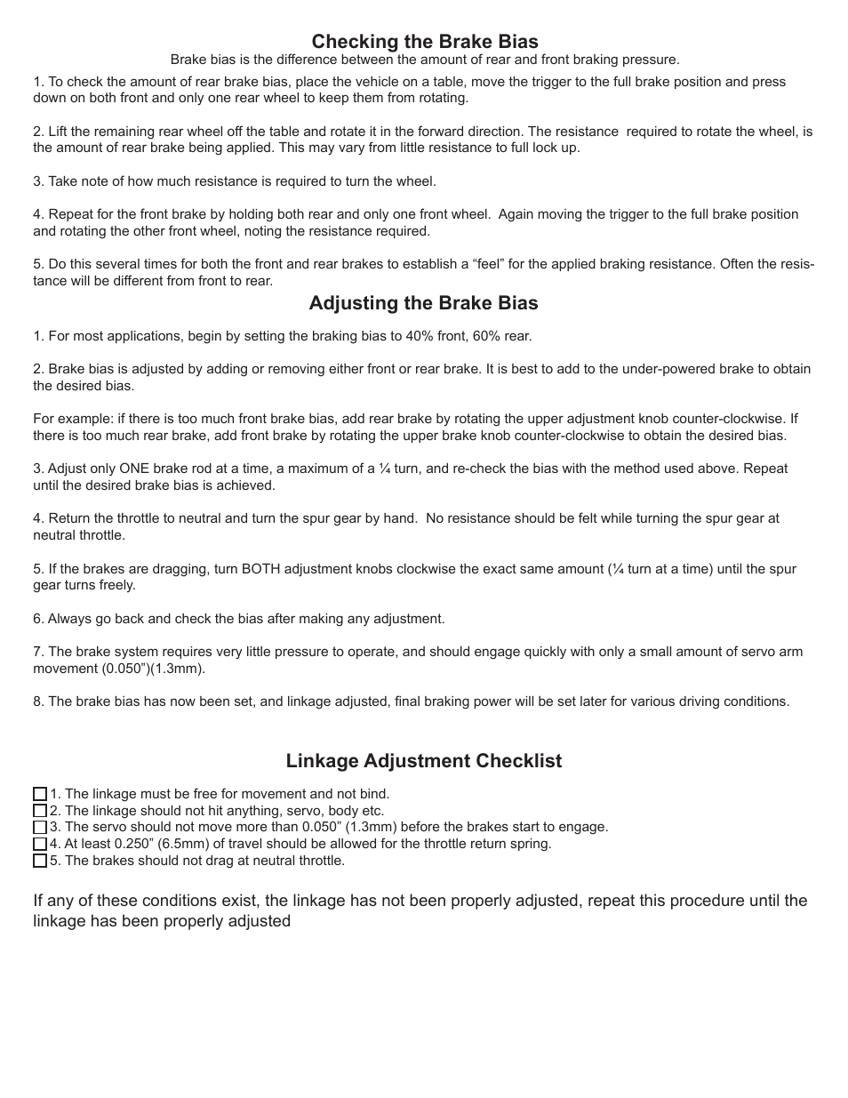 Checking the brake bias, Adjusting the brake bias, Linkage adjustment checklist | Losi LOSB0083 User Manual | Page 4 / 4