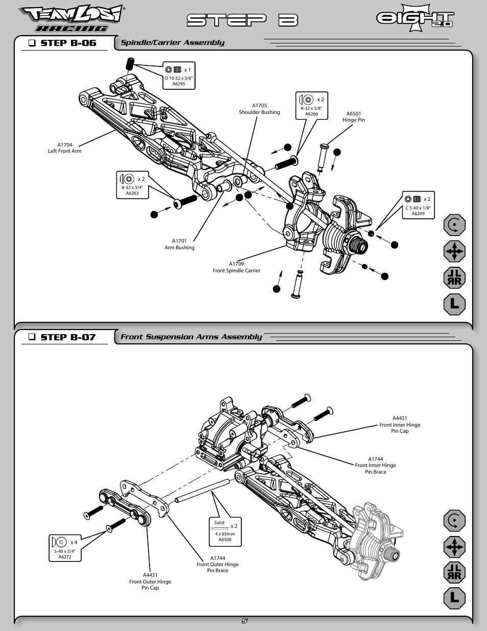 Step b, Step b-06 q, Step b-07 q | Spindle/carrier assembly, Front suspension arms assembly | Losi LOSA0805 User Manual | Page 10 / 44