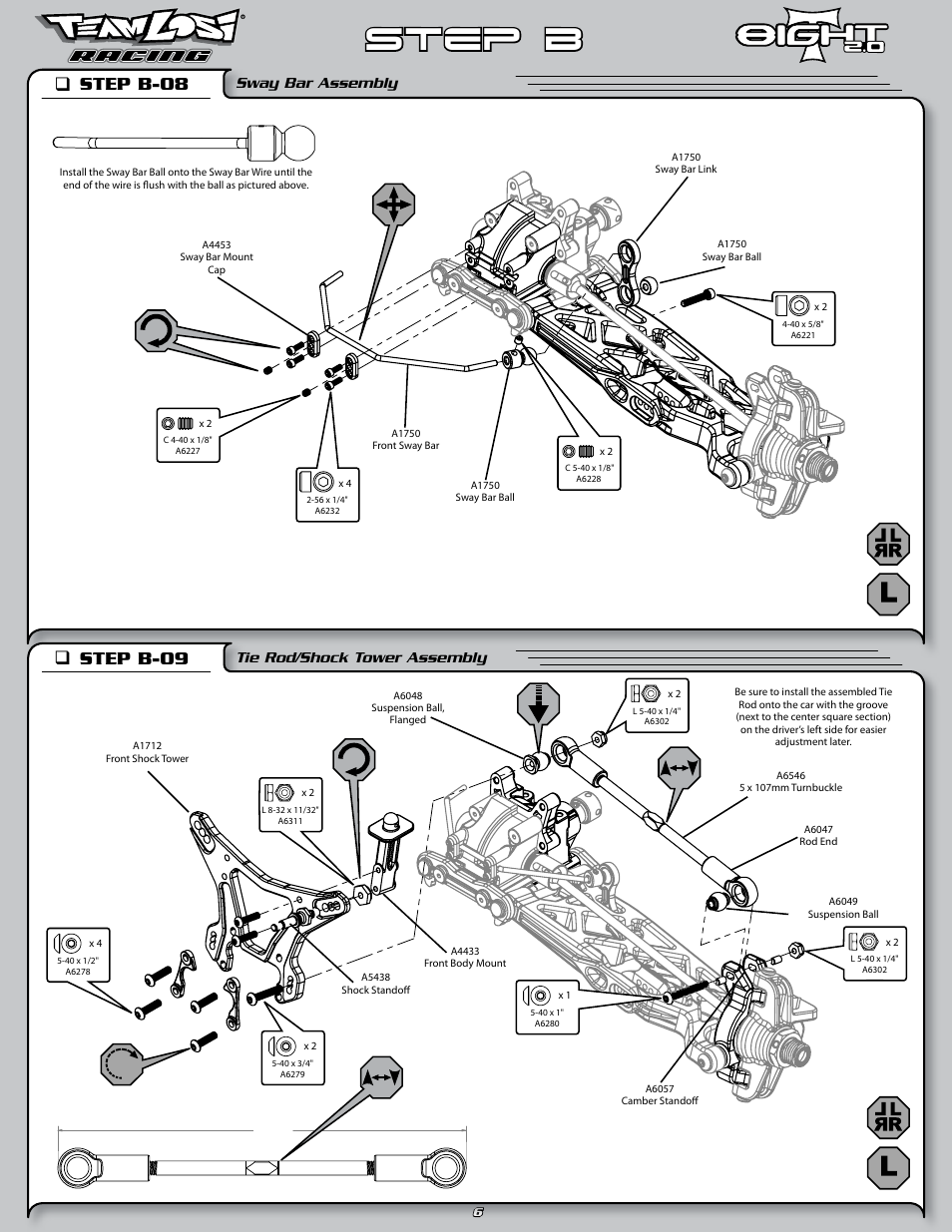 Step b, Step b-08 q, Step b-09 q | Sway bar assembly, Tie rod/shock tower assembly | Losi LOSA0805 User Manual | Page 11 / 44