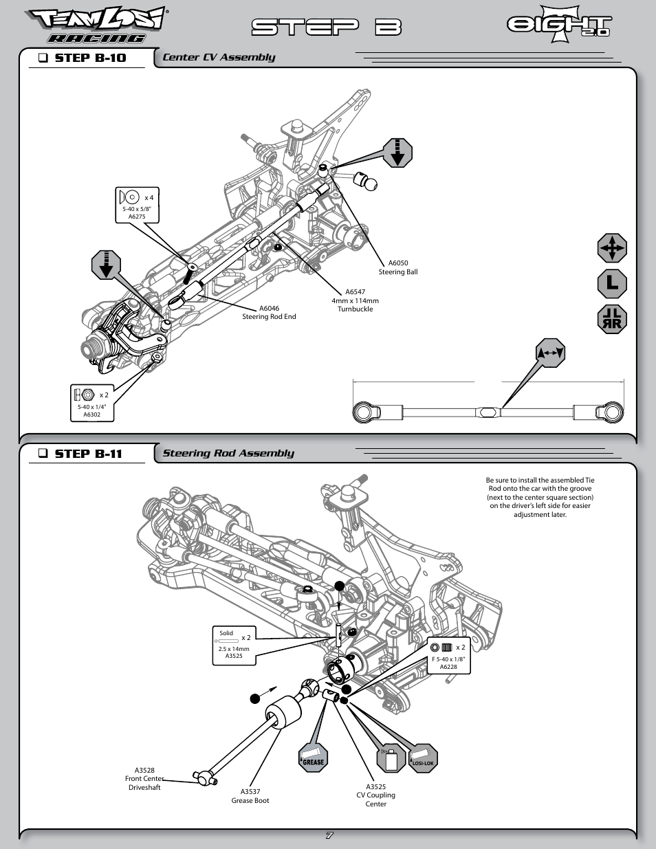 Step b, Step b-10 q, Step b-11 q | Center cv assembly, Steering rod assembly | Losi LOSA0805 User Manual | Page 12 / 44