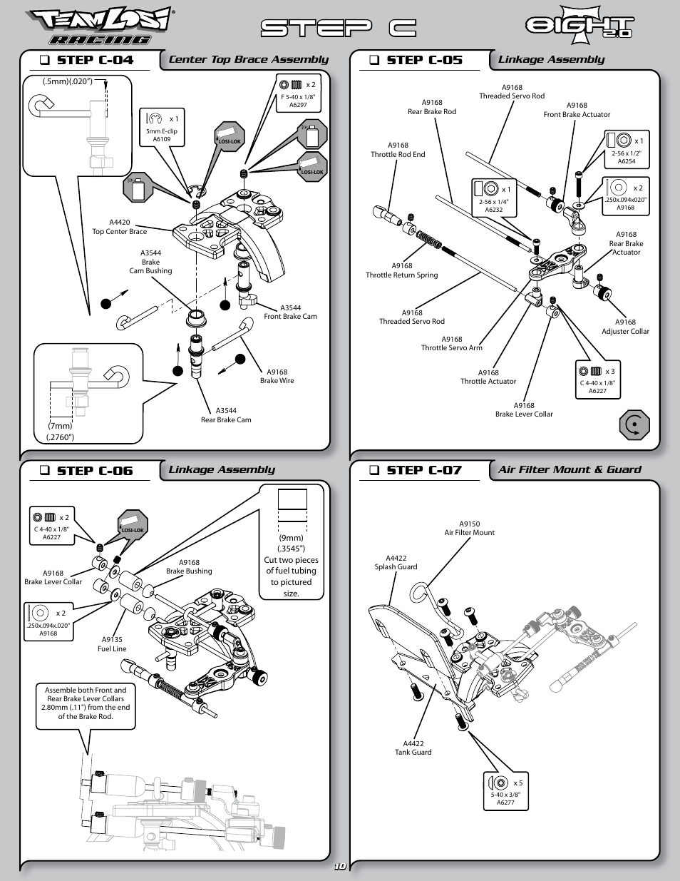 Step c, Step c-04 q, Step c-05 q | Step c-06 q, Step c-07 q, Center top brace assembly, Linkage assembly, Air filter mount & guard | Losi LOSA0805 User Manual | Page 15 / 44