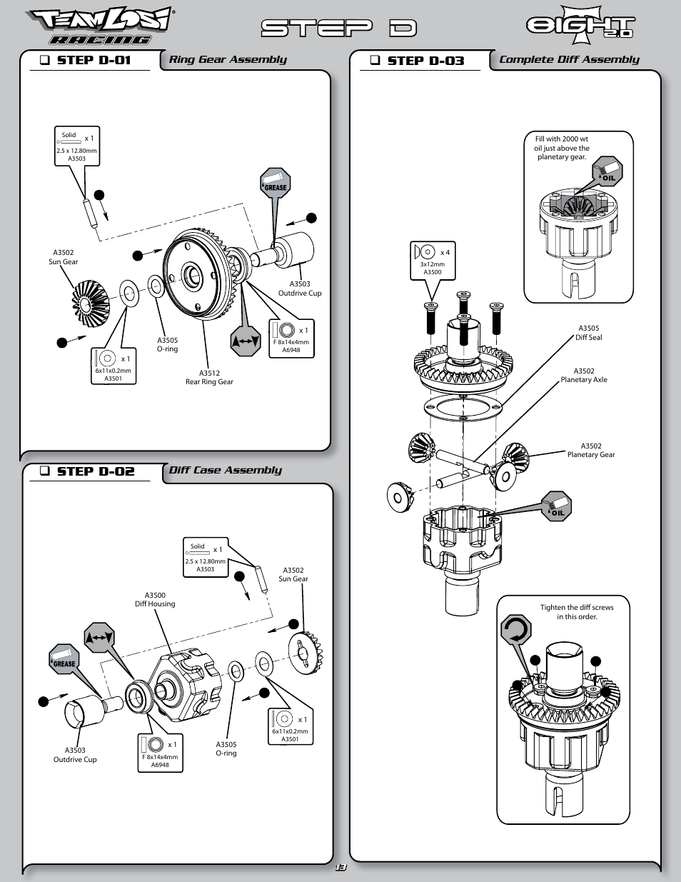 Step d, Step d-01 q, Step d-03 q | Step d-02 q, Ring gear assembly, Complete diff assembly, Diff case assembly | Losi LOSA0805 User Manual | Page 18 / 44