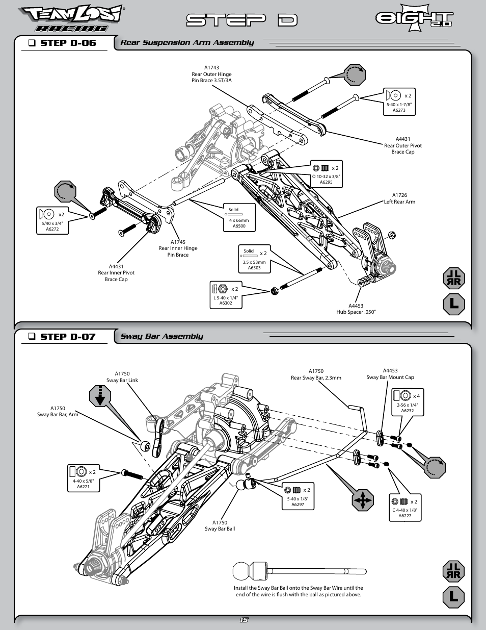 Step d, Step d-06 q, Step d-07 q | Rear suspension arm assembly, Sway bar assembly | Losi LOSA0805 User Manual | Page 20 / 44