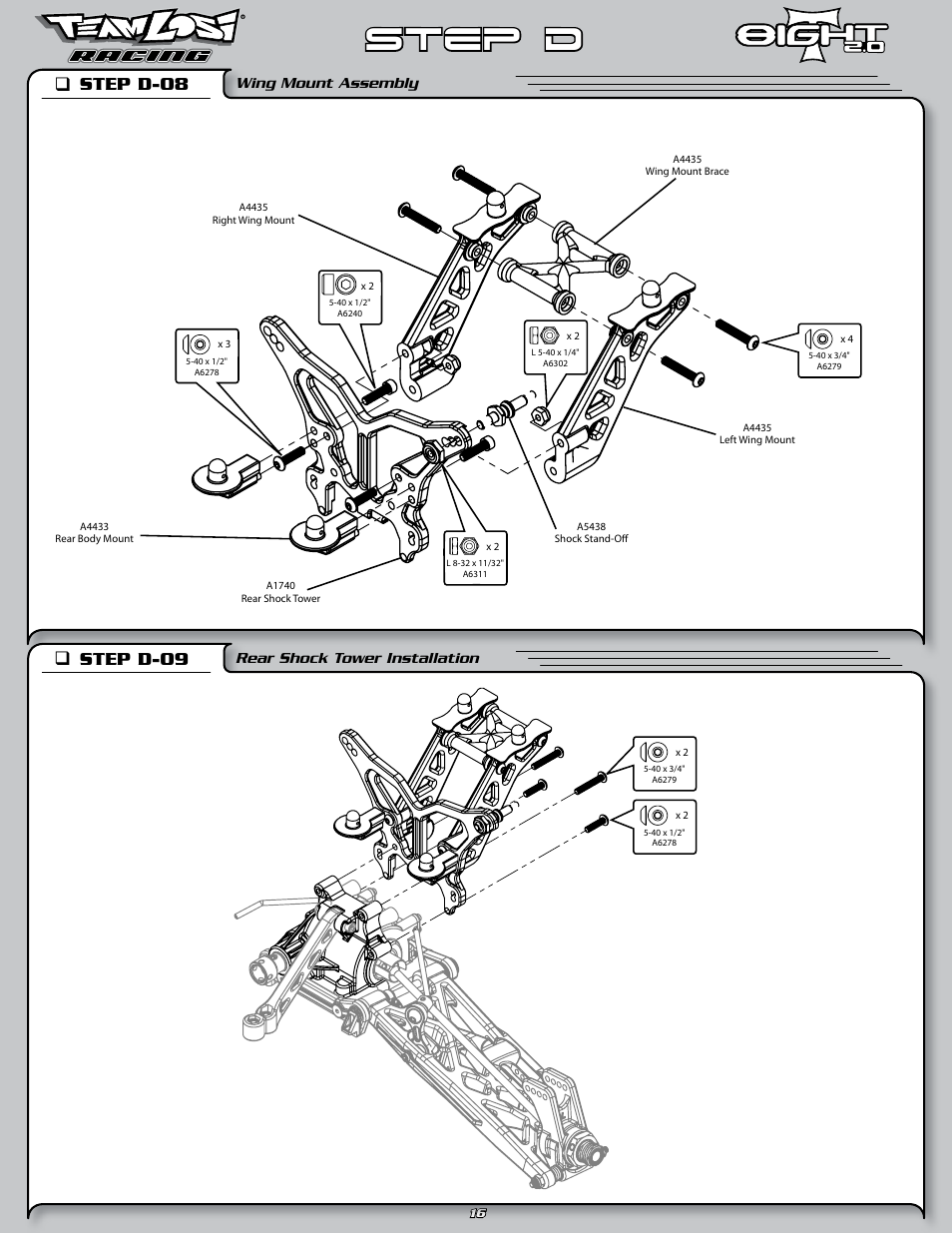 Step d, Step d-08 q, Step d-09 q | Wing mount assembly, Rear shock tower installation | Losi LOSA0805 User Manual | Page 21 / 44
