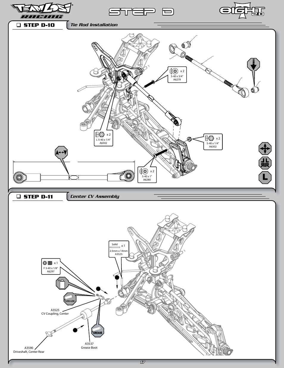 Step d, Step d-10 q, Step d-11 q | Tie rod installation, Center cv assembly | Losi LOSA0805 User Manual | Page 22 / 44