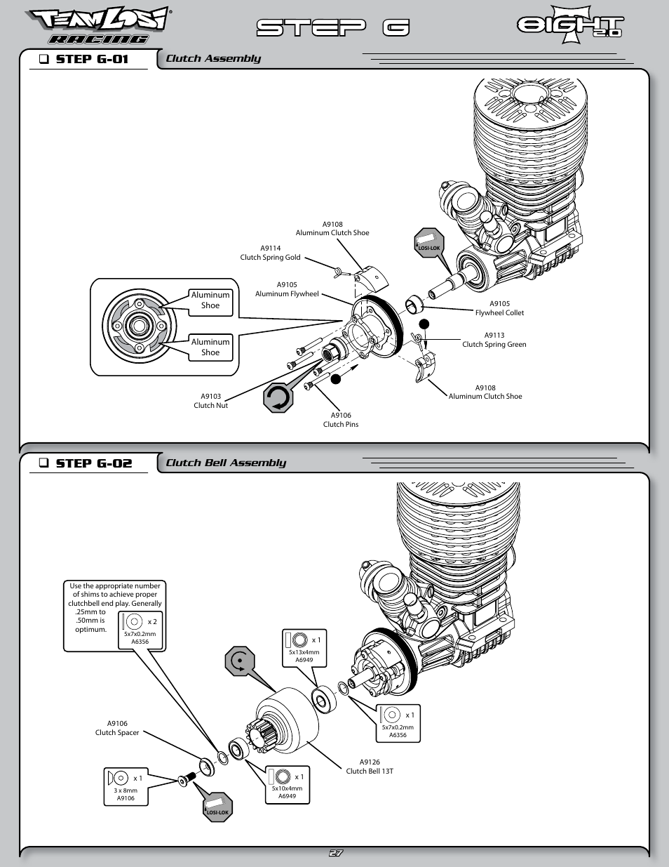 Step g, Step g-01 q, Step g-02 q | Clutch assembly, Clutch bell assembly | Losi LOSA0805 User Manual | Page 32 / 44