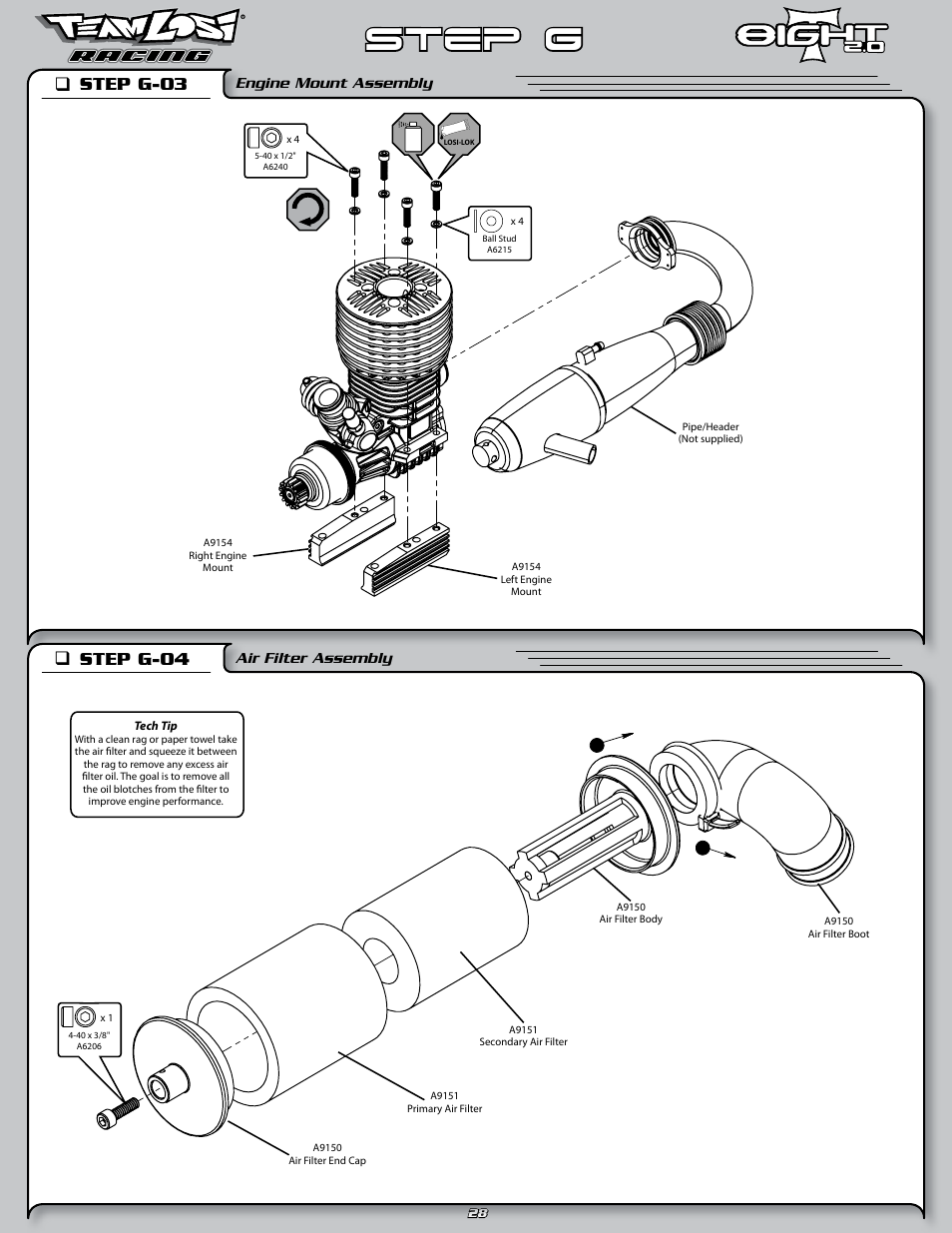 Step g, Step g-03 q, Step g-04 q | Engine mount assembly, Air filter assembly | Losi LOSA0805 User Manual | Page 33 / 44