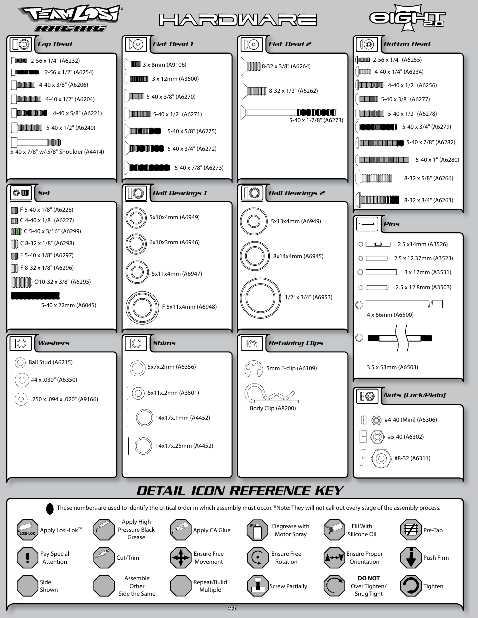 Hardware, Detail icon reference key, Lr l r | Losi LOSA0805 User Manual | Page 4 / 44