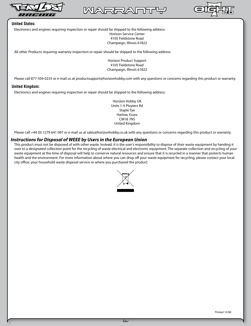 Warranty | Losi LOSA0805 User Manual | Page 44 / 44