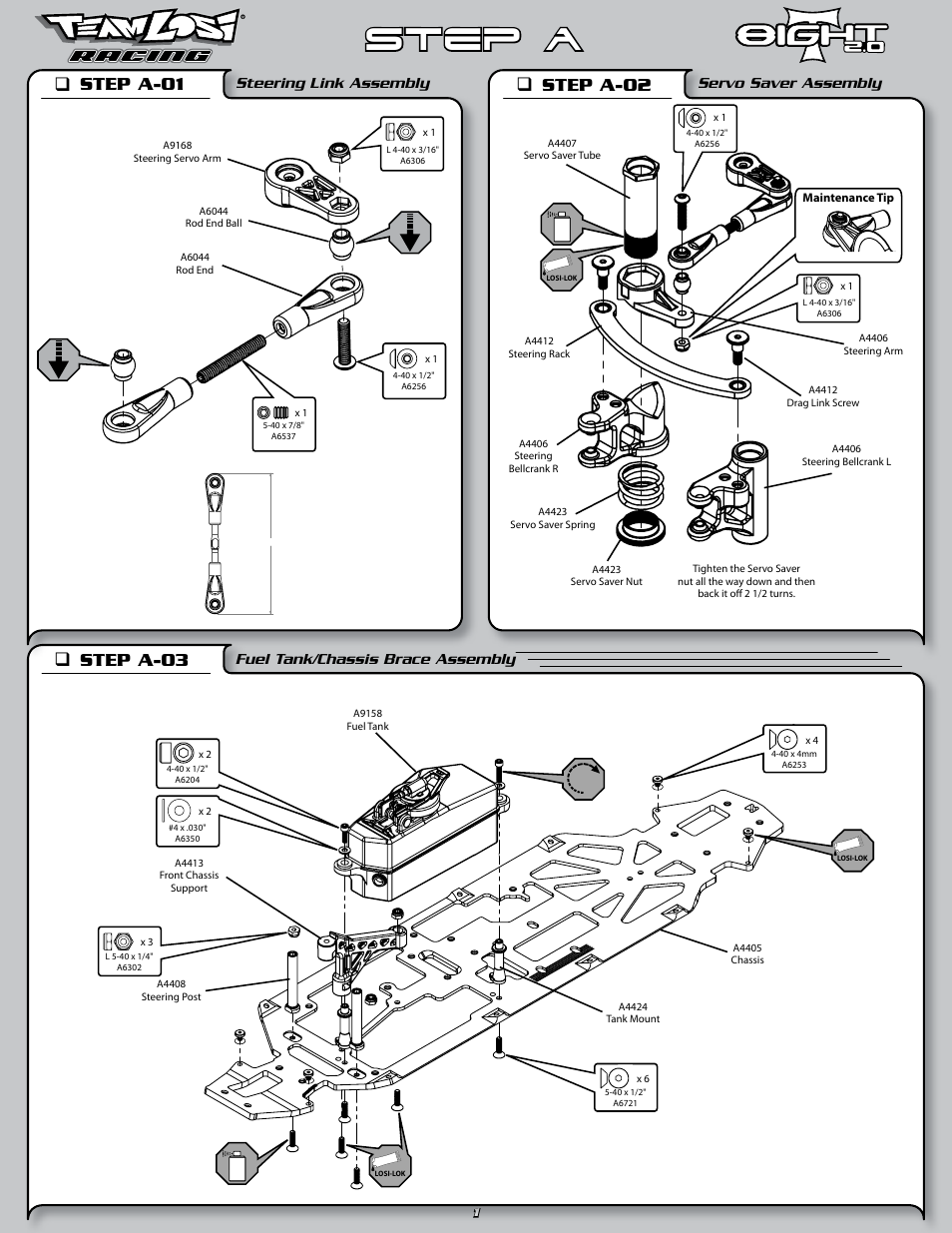 Step a, Step a-01 q, Step a-02 q | Step a-03 q, Steering link assembly, Servo saver assembly, Fuel tank/chassis brace assembly | Losi LOSA0805 User Manual | Page 6 / 44