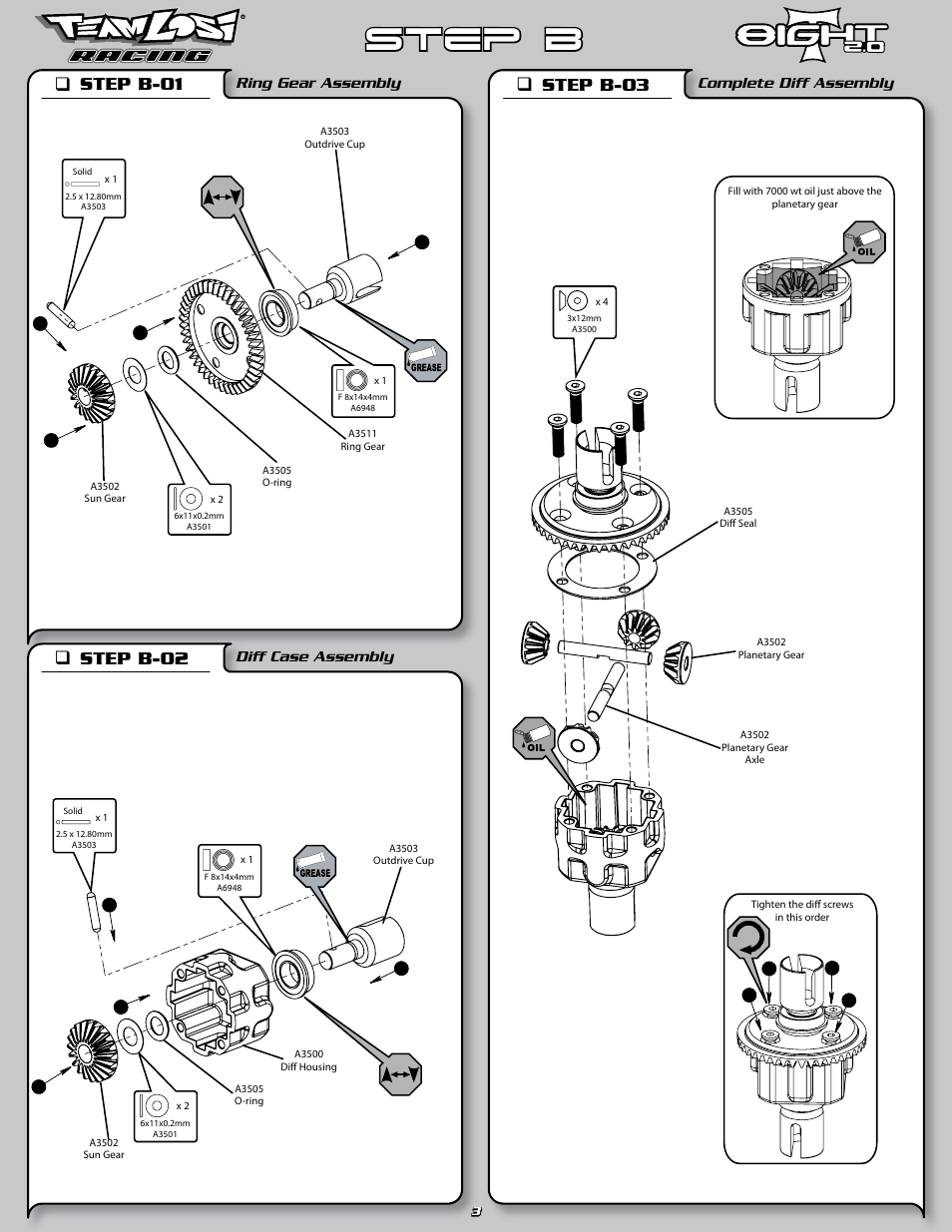 Step b, Step b-01 q, Step b-02 q | Step b-03 q, Ring gear assembly, Diff case assembly, Complete diff assembly | Losi LOSA0805 User Manual | Page 8 / 44