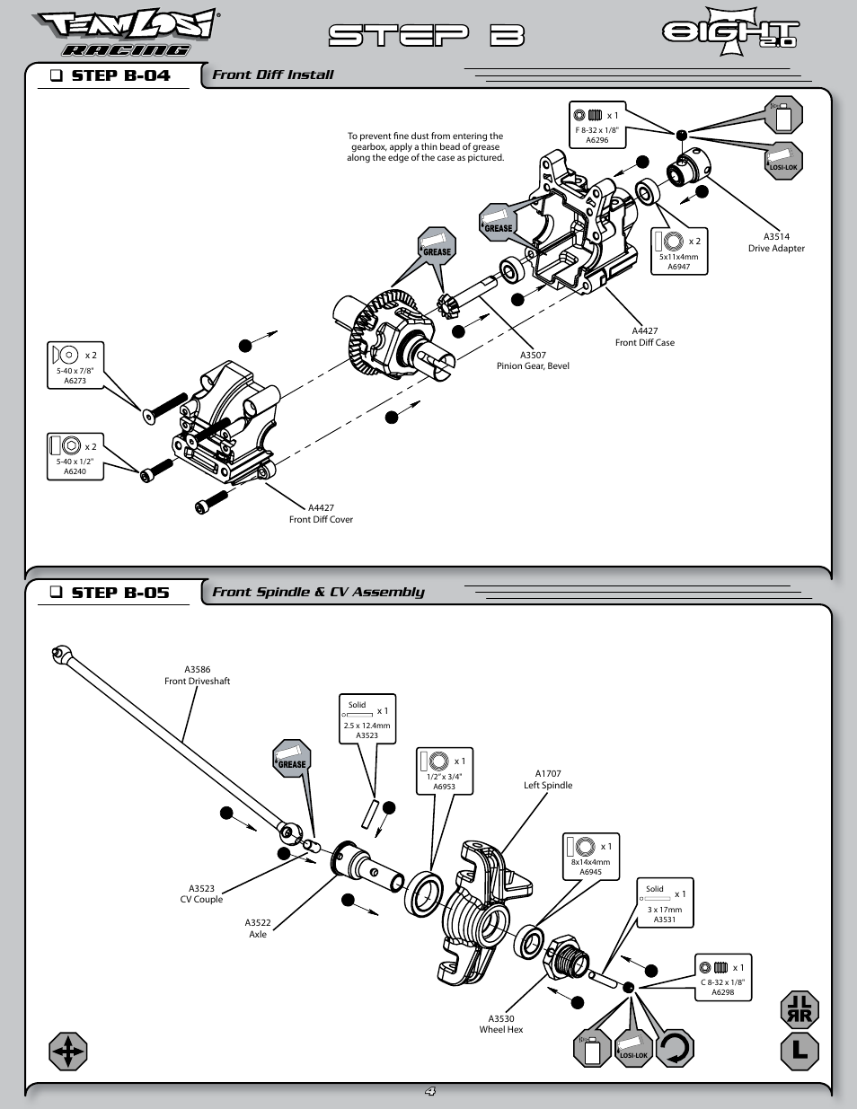 Step b, Step b-04 q, Step b-05 q | Front diff install, Front spindle & cv assembly | Losi LOSA0805 User Manual | Page 9 / 44