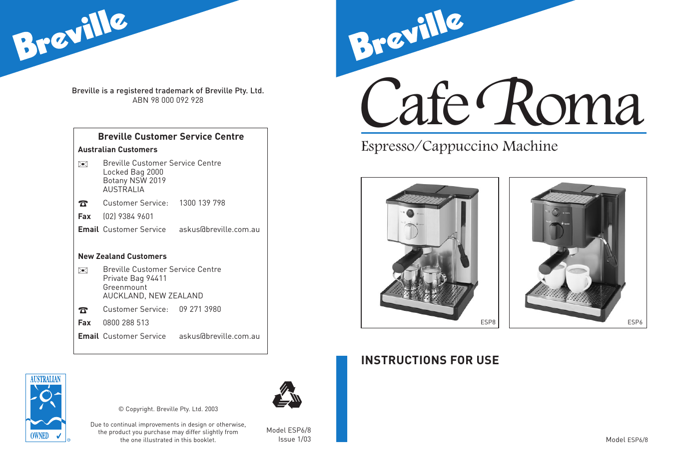 Breville ESP6/8 User Manual | 10 pages