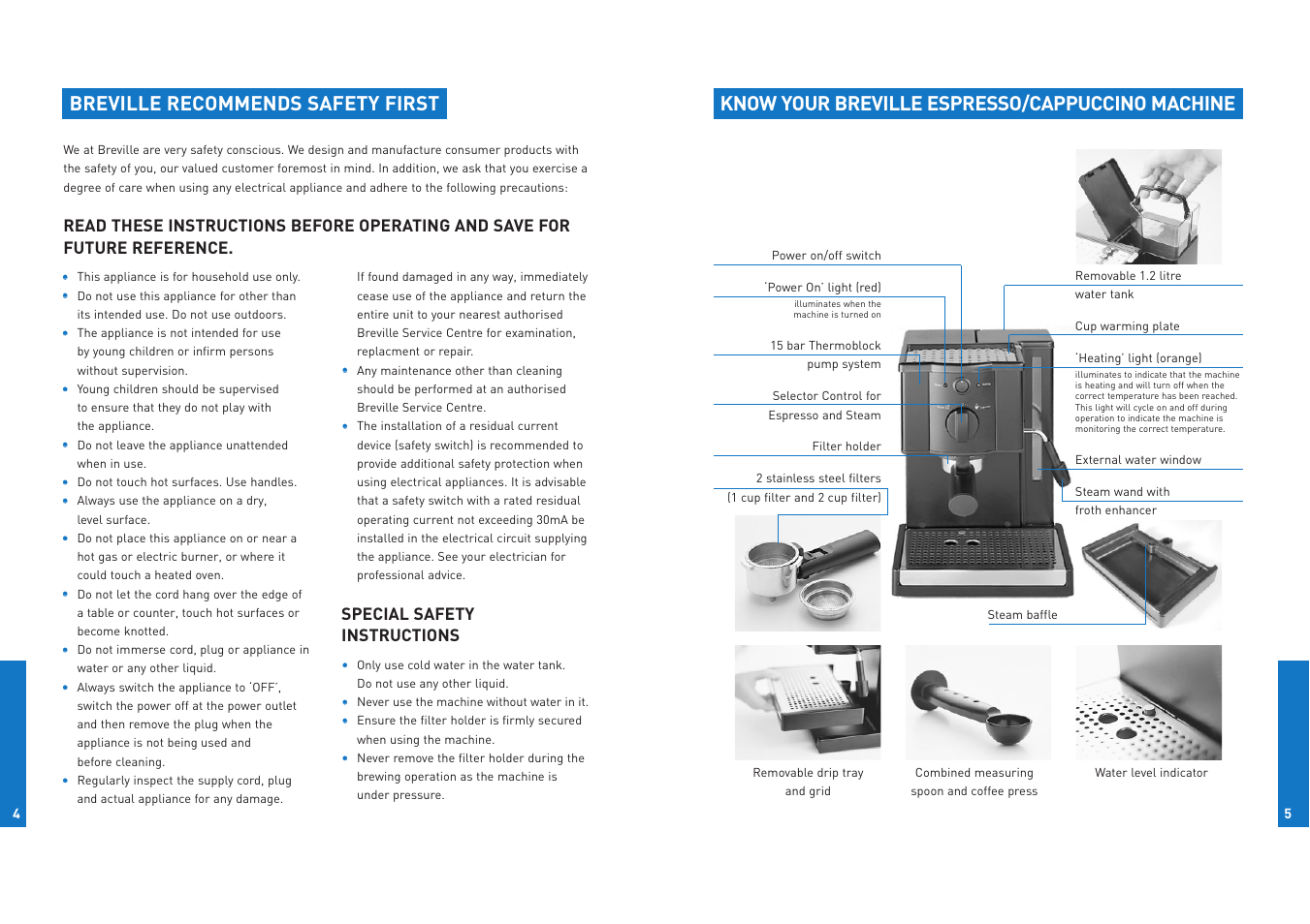 Breville recommends safety first, Know your breville espresso/cappuccino machine | Breville ESP6/8 User Manual | Page 3 / 10