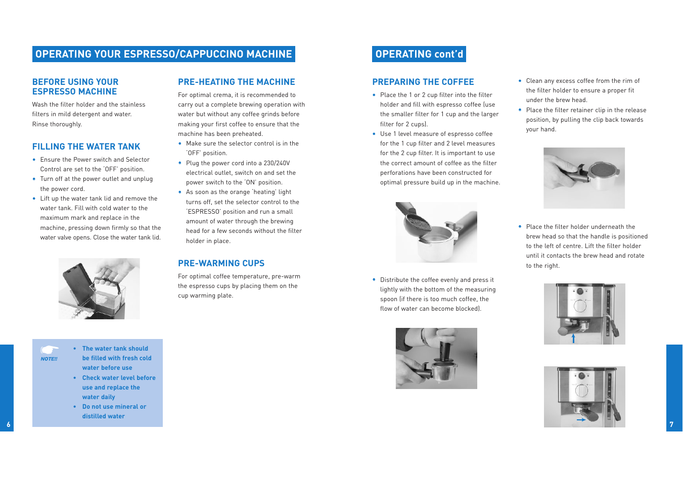 Operating cont’d, Operating your espresso/cappuccino machine | Breville ESP6/8 User Manual | Page 4 / 10