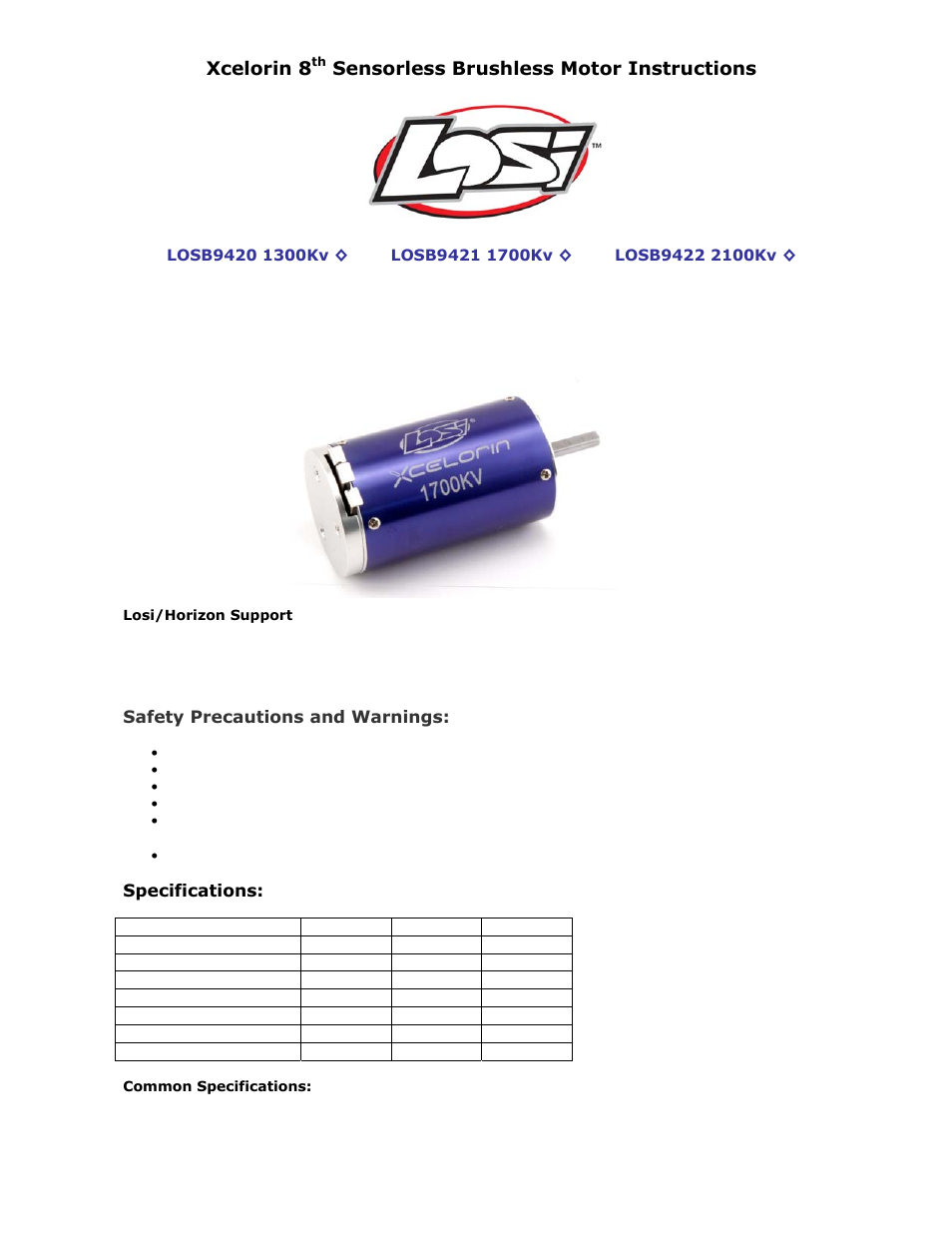Losi LOSB9558 1/8 Xcelorin Brushless Motor Manual User Manual | 5 pages