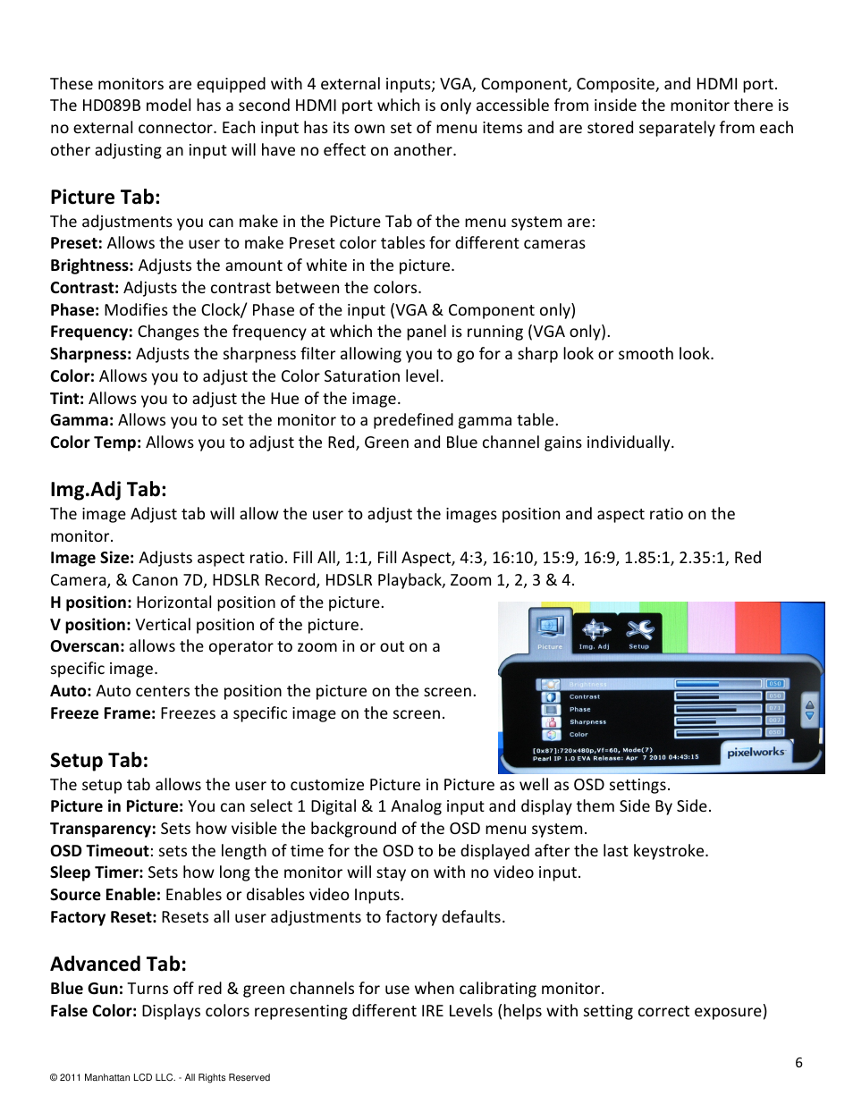 Picture tab, Img.adj tab, Setup tab | Advanced tab | Manhattan LCD HD5 User Manual | Page 6 / 15