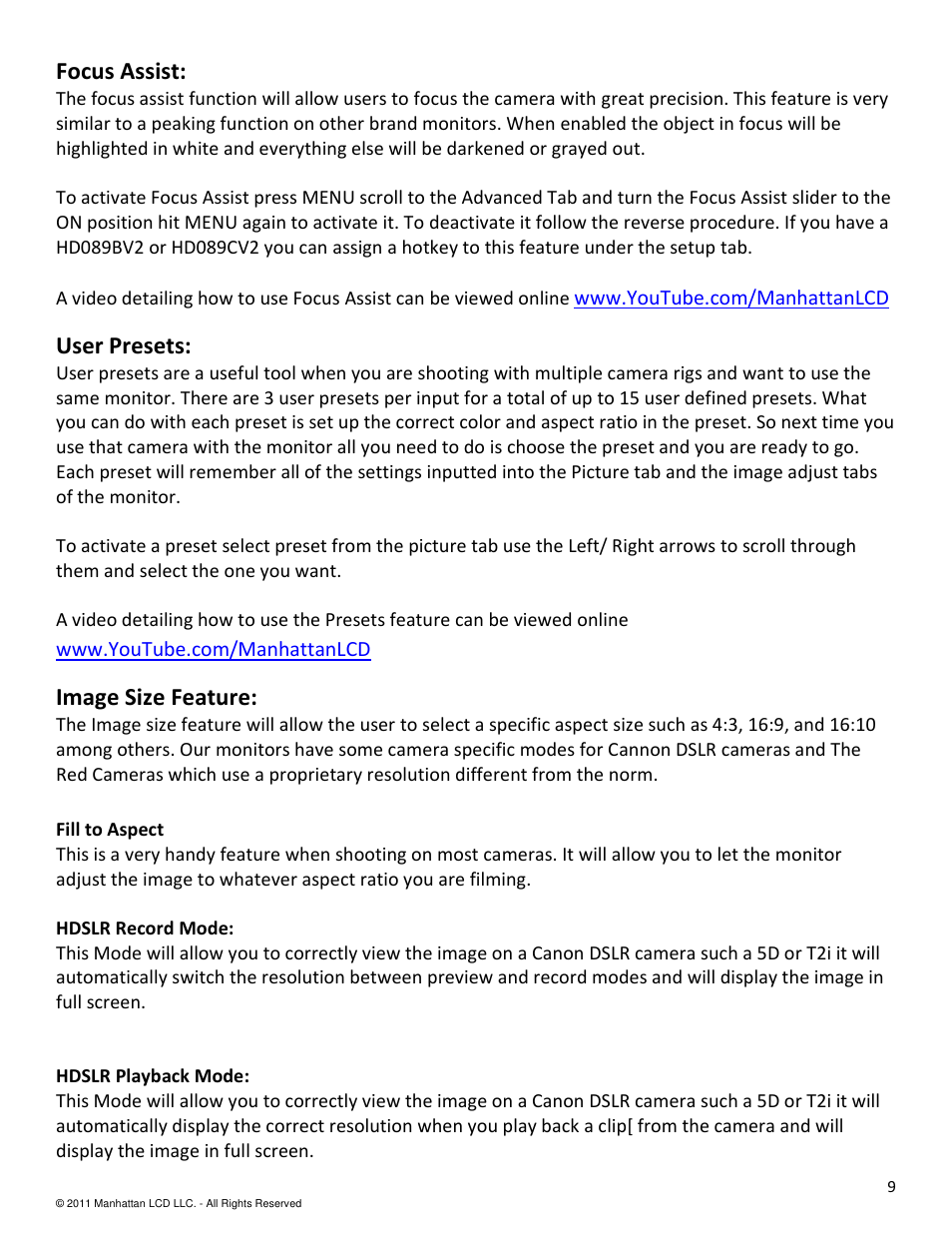 Focus assist, User presets, Image size feature | Manhattan LCD HD5 User Manual | Page 9 / 15