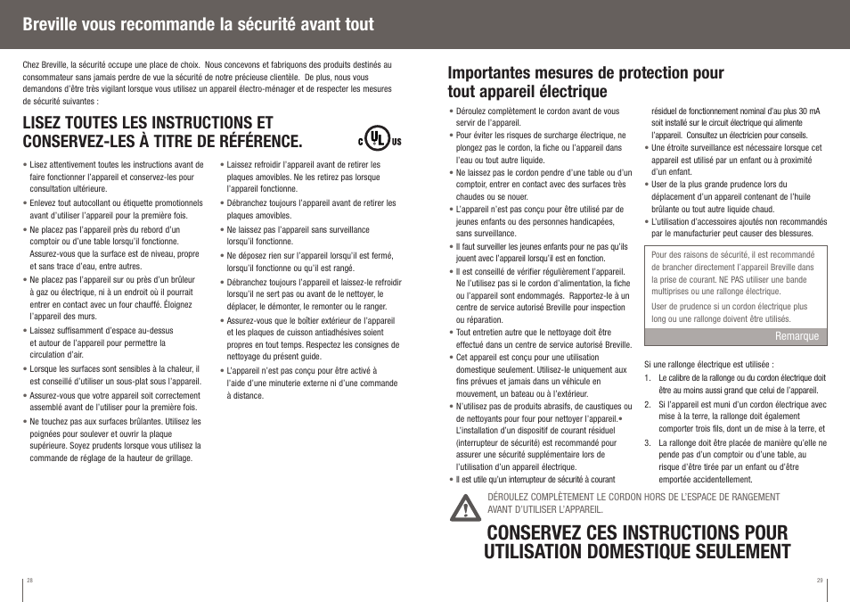 Breville vous recommande la sécurité avant tout | Breville BGR400XL User Manual | Page 15 / 36