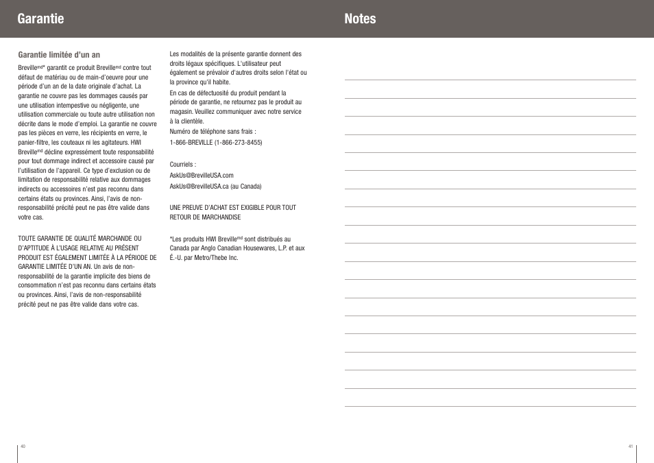 Garantie | Breville BGR400XL User Manual | Page 21 / 36