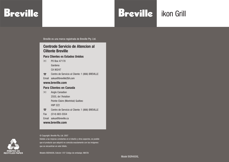 Ikon grill, Centrode servicio de atencion al clitente breville | Breville BGR400XL User Manual | Page 25 / 36