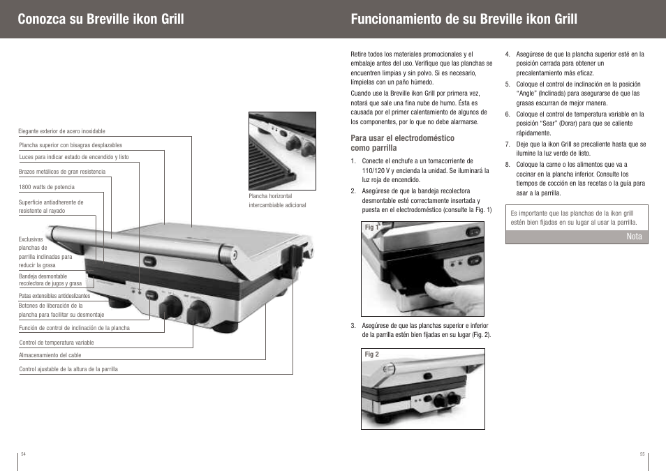 Funcionamiento de su breville ikon grill, Conozca su breville ikon grill | Breville BGR400XL User Manual | Page 28 / 36