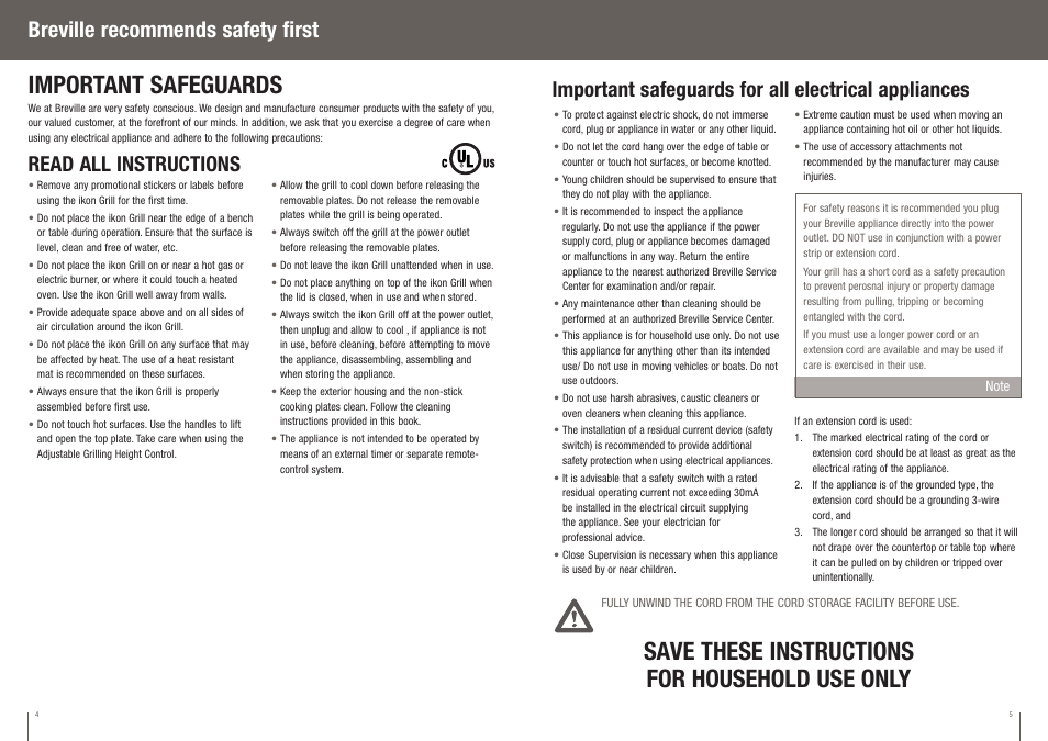 Important safeguards, Save these instructions for household use only, Breville recommends safety first | Important safeguards for all electrical appliances, Read all instructions | Breville BGR400XL User Manual | Page 3 / 36