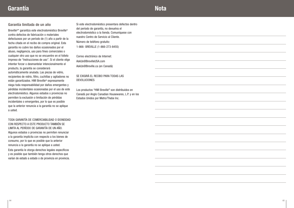 Nota, Garantía | Breville BGR400XL User Manual | Page 33 / 36