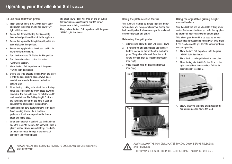 Operating your breville ikon grill | Breville BGR400XL User Manual | Page 5 / 36