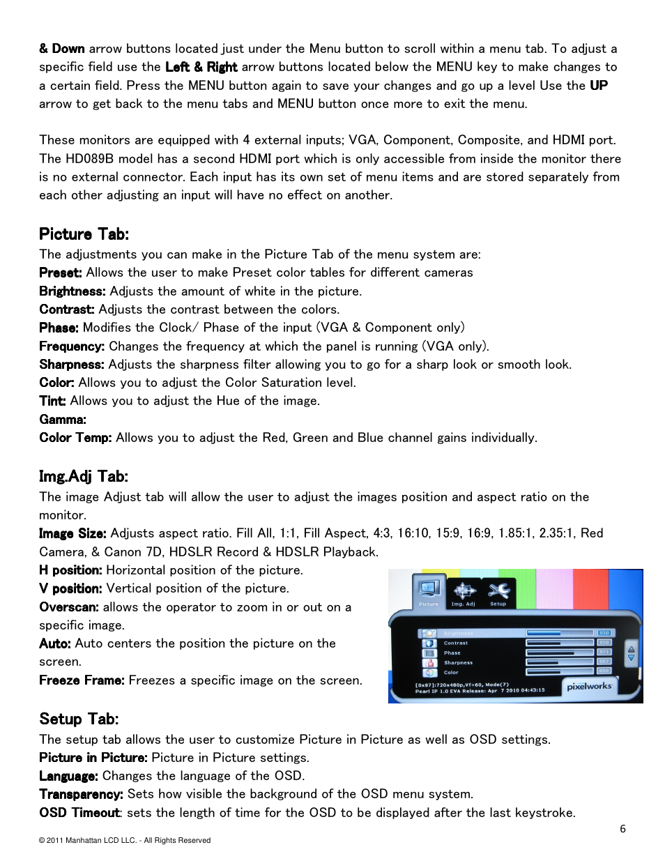 Picture tab, Img.adj tab, Setup tab | Manhattan LCD HD089B&C Version 1 User Manual | Page 6 / 14