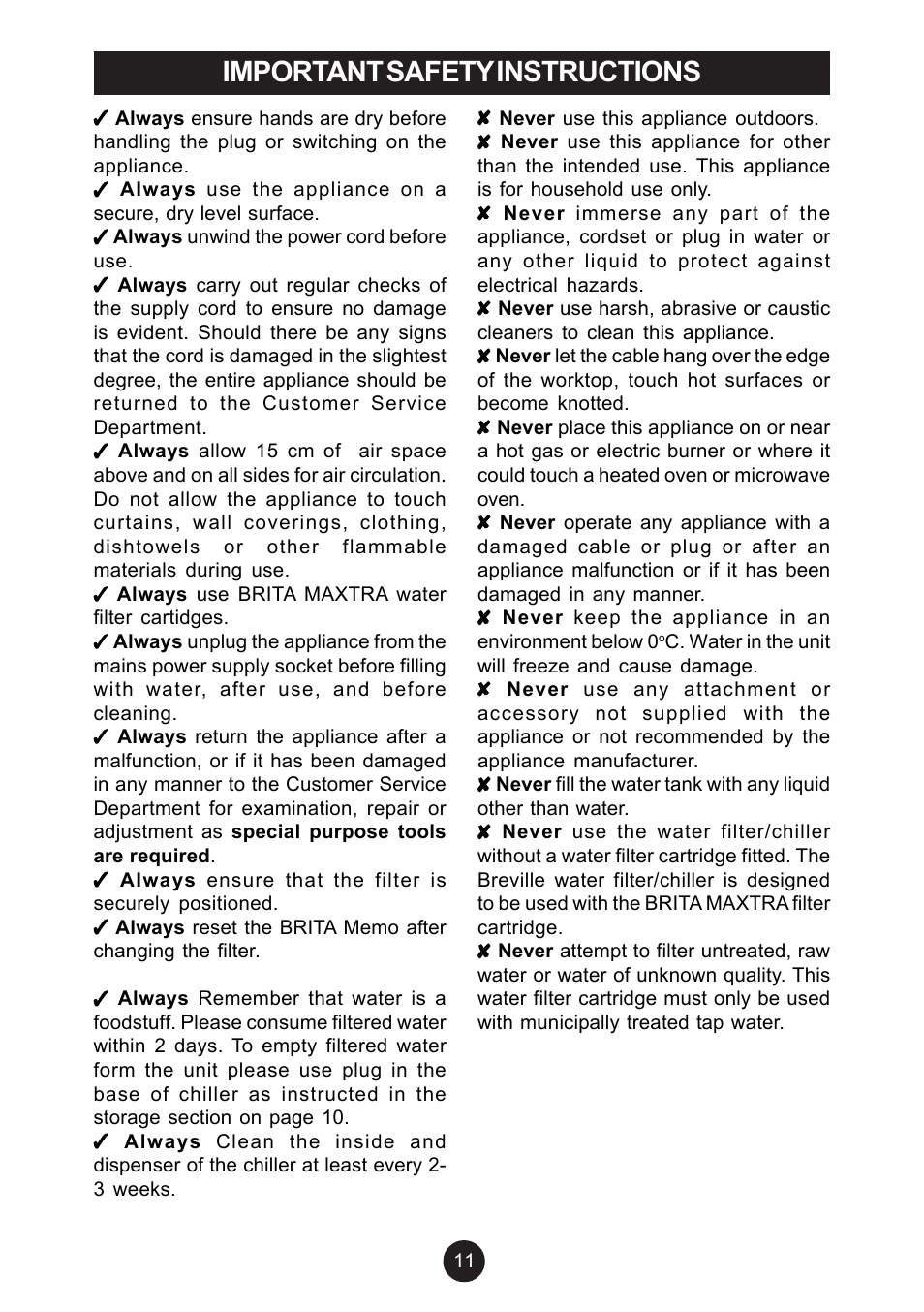 Important safety instructions | Breville AF6 User Manual | Page 11 / 20