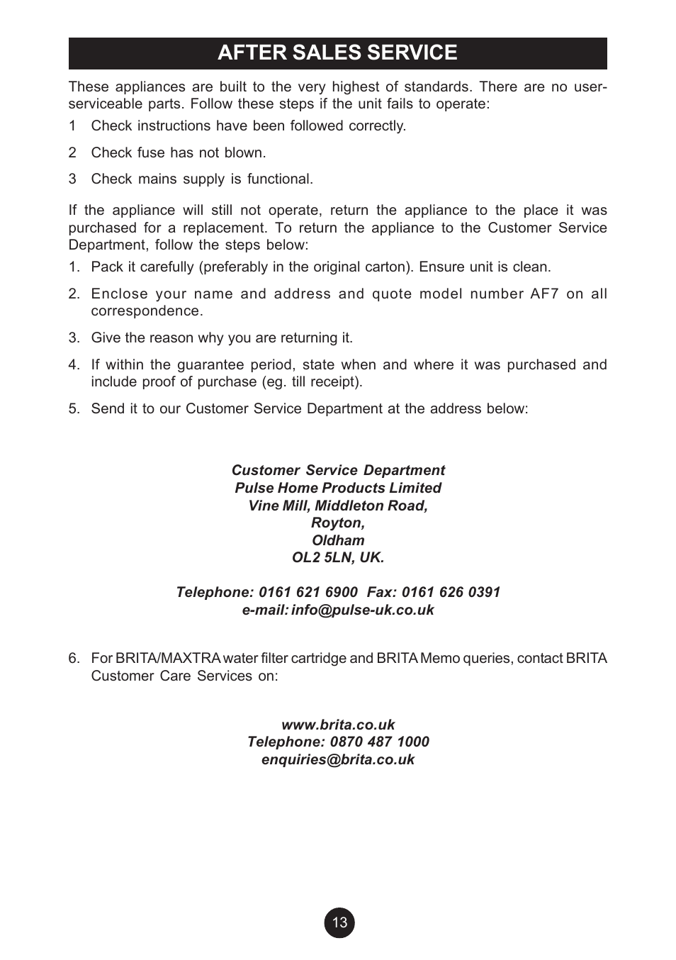 After sales service | Breville AF6 User Manual | Page 13 / 20