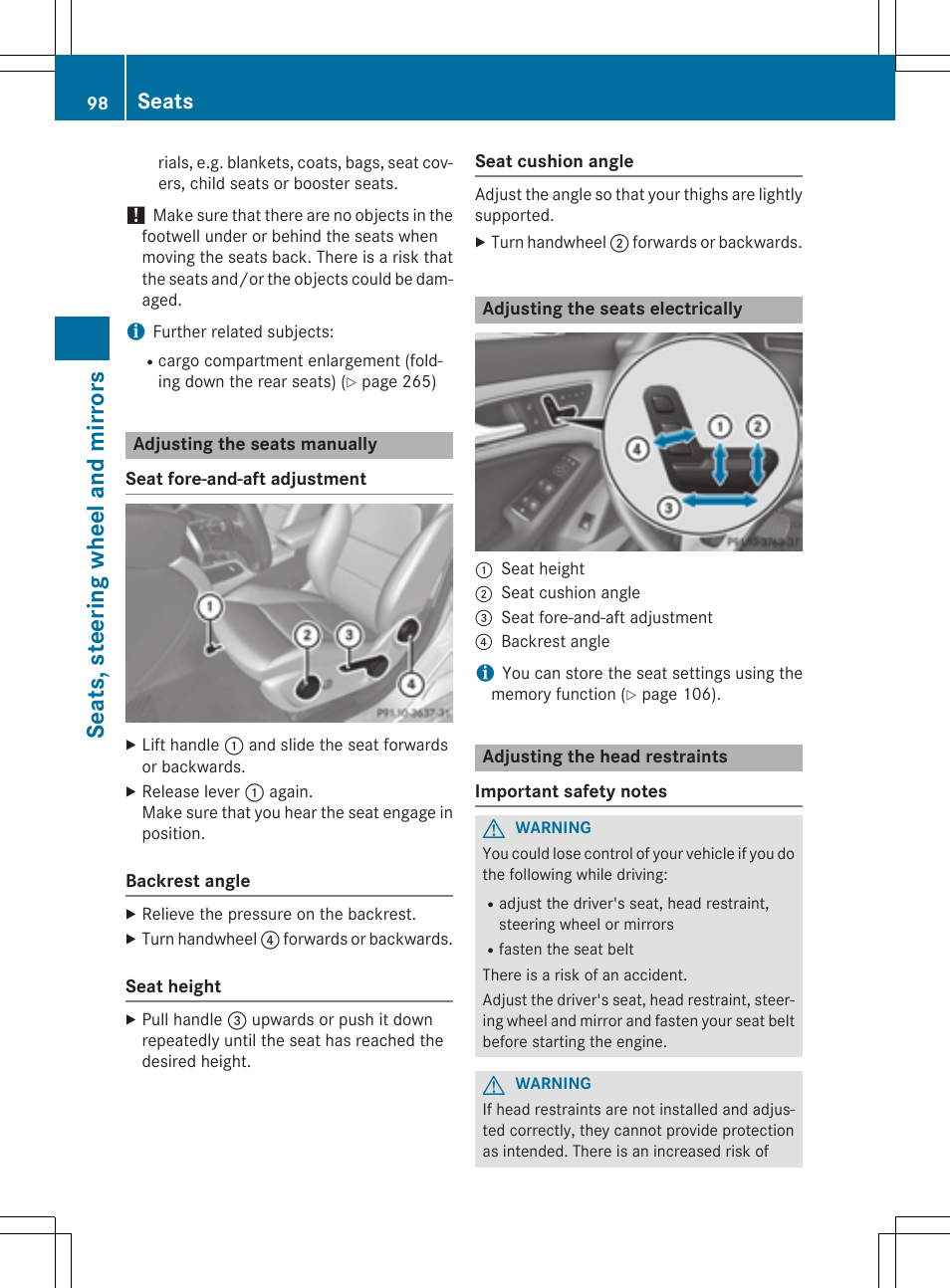 Seats, steering wheel and mirrors, Seats | Mercedes-Benz CLA-Class 2015 User Manual | Page 100 / 362