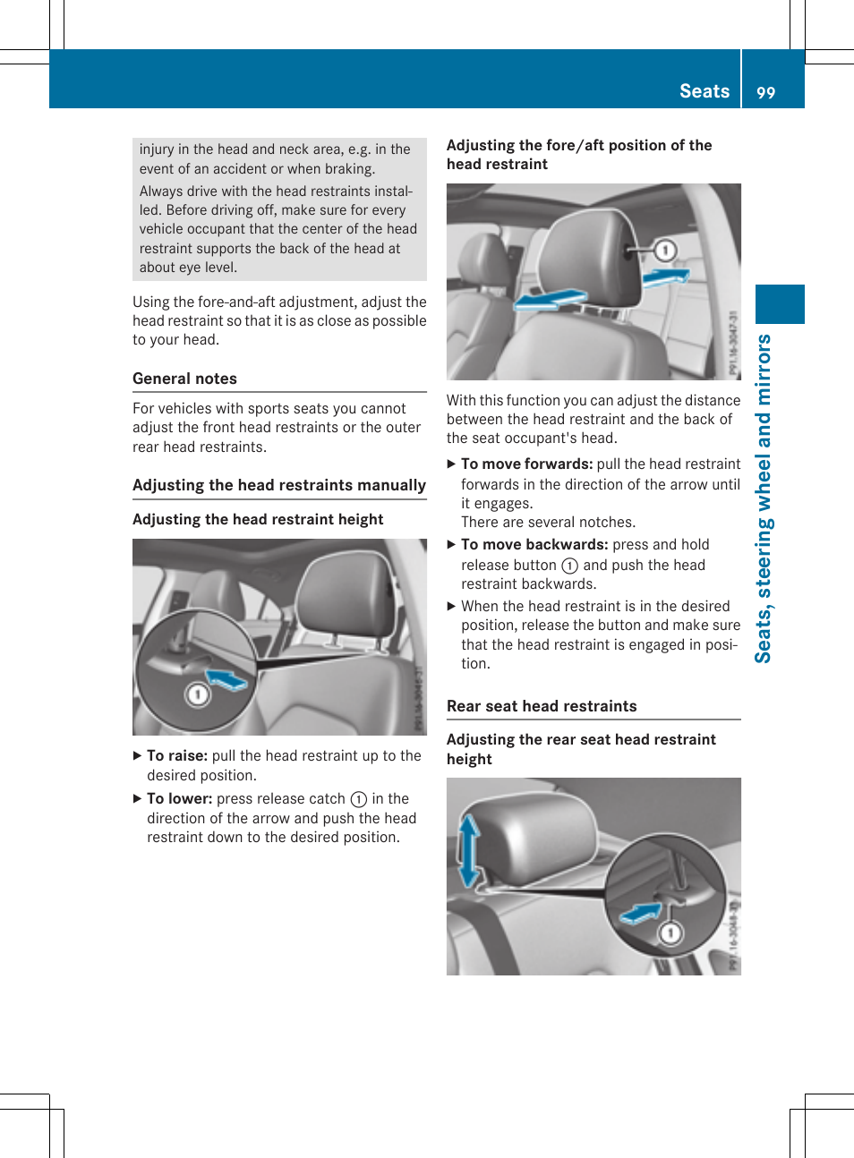 Seat s, steer ing wheel and mir ror s, Seats | Mercedes-Benz CLA-Class 2015 User Manual | Page 101 / 362