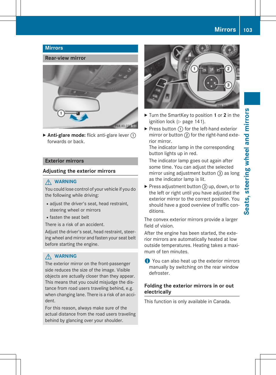 Seats, steering wheel and mirrors, Mirrors | Mercedes-Benz CLA-Class 2015 User Manual | Page 105 / 362