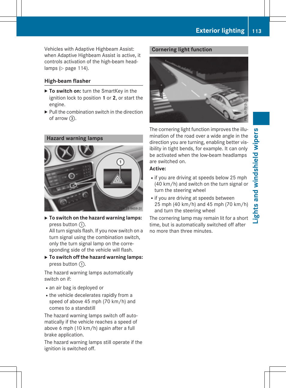 Lights and windshield wipers, Exterior lighting | Mercedes-Benz CLA-Class 2015 User Manual | Page 115 / 362