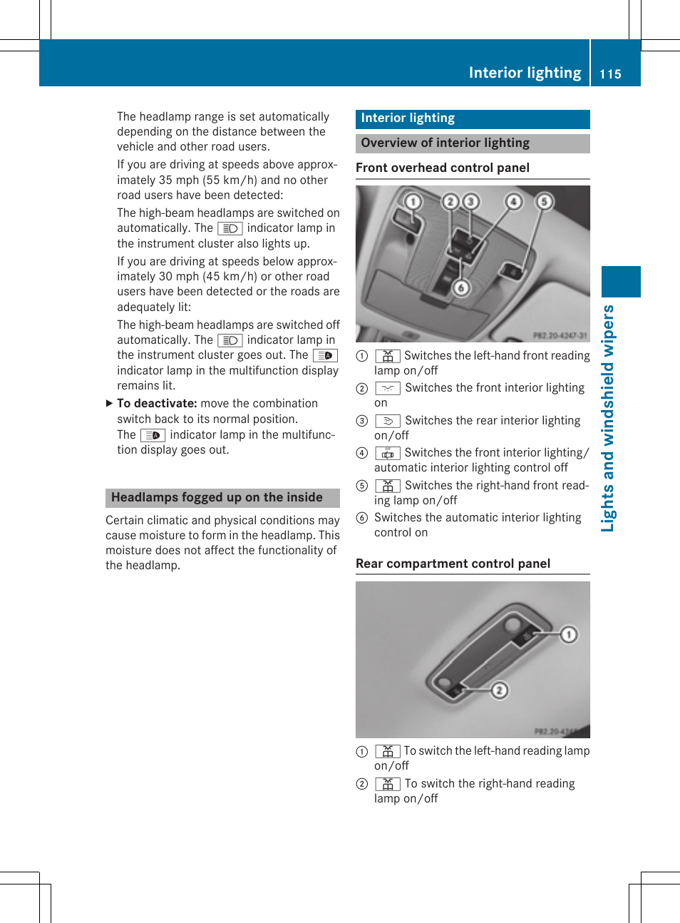 Lights and windshield wipers, Interior lighting | Mercedes-Benz CLA-Class 2015 User Manual | Page 117 / 362