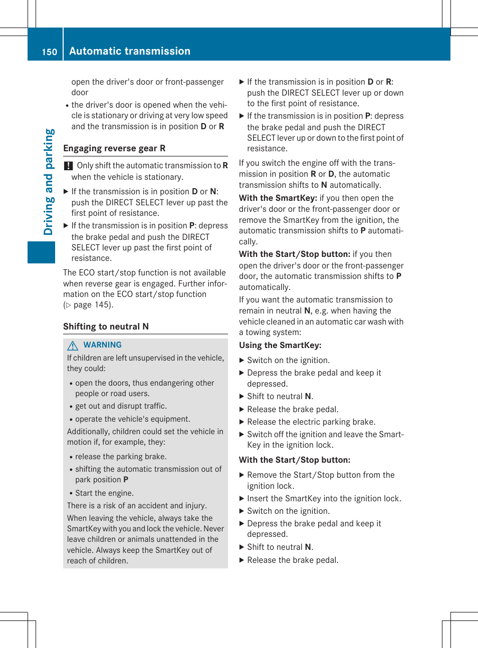 Driving and parking, Automatic transmission | Mercedes-Benz CLA-Class 2015 User Manual | Page 152 / 362