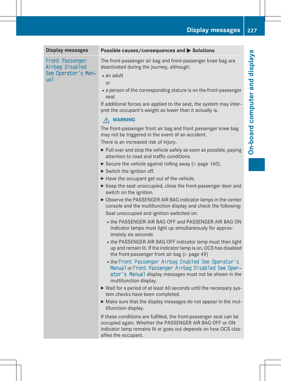 On -b oar d comp ut er an d di sp lay s, Display messages | Mercedes-Benz CLA-Class 2015 User Manual | Page 229 / 362