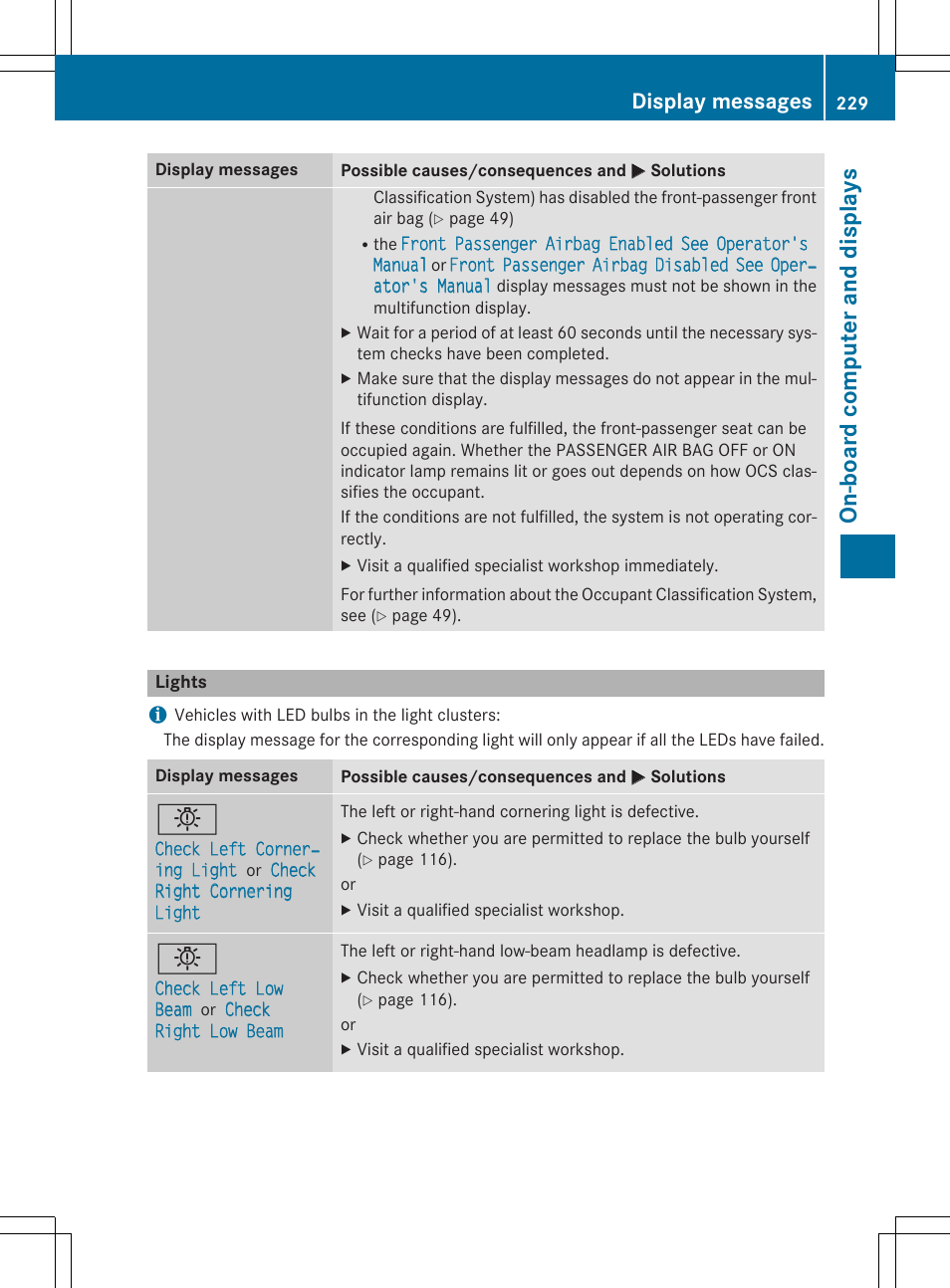 On -b oar d comp ut er an d di sp lay s, Display messages | Mercedes-Benz CLA-Class 2015 User Manual | Page 231 / 362