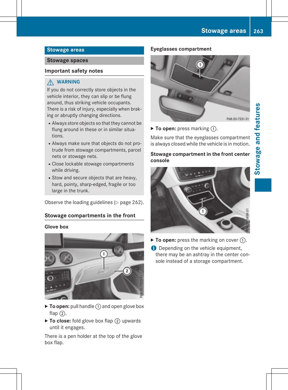 Stowage and features, Stowage areas | Mercedes-Benz CLA-Class 2015 User Manual | Page 265 / 362