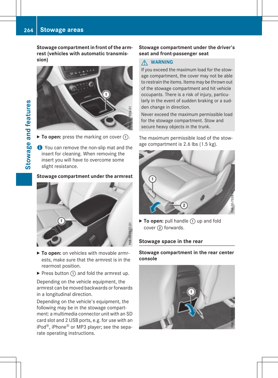 Stowage and features, Stowage areas | Mercedes-Benz CLA-Class 2015 User Manual | Page 266 / 362