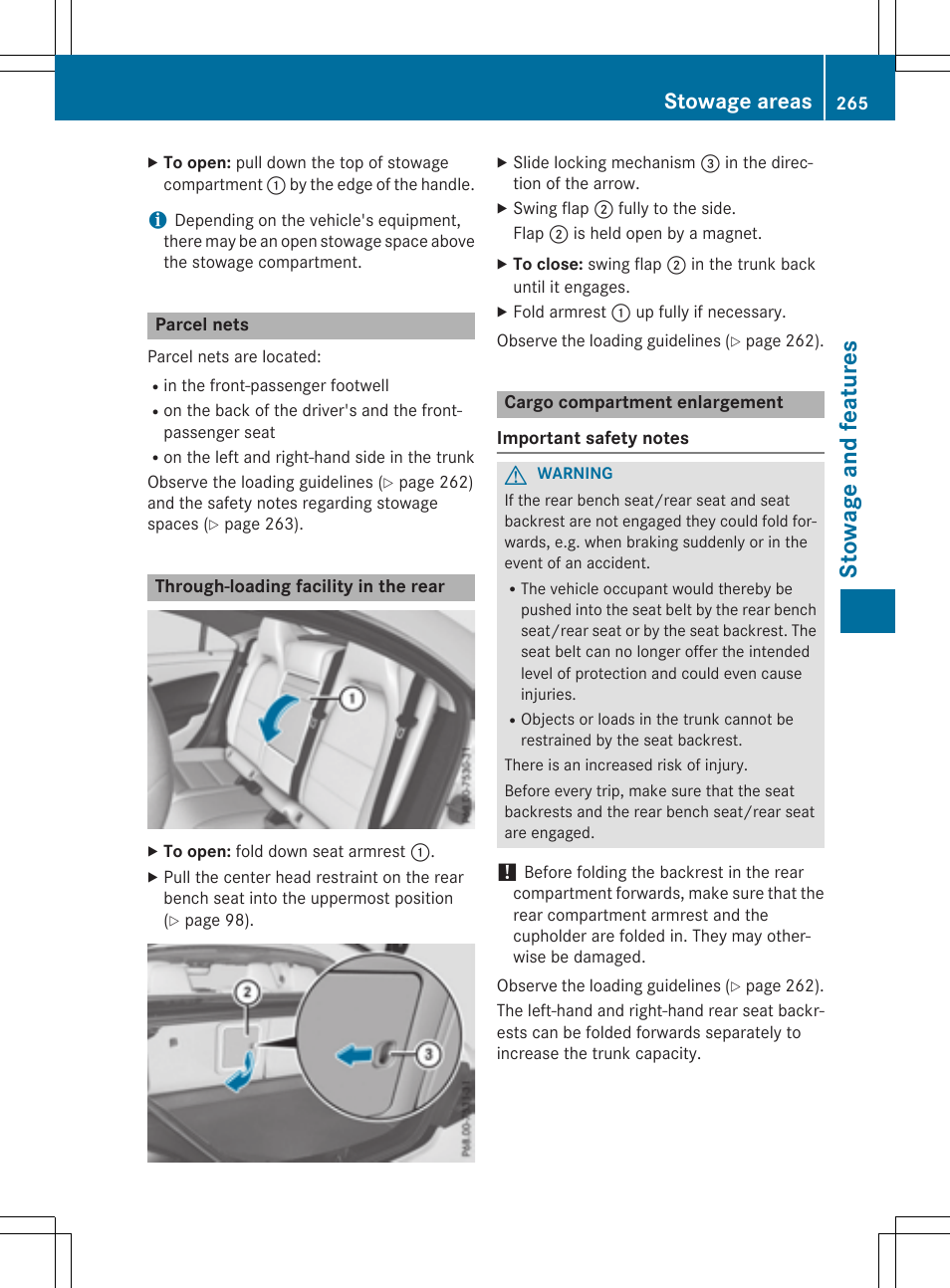 Sto wag e an d fe ature s, Stowage areas | Mercedes-Benz CLA-Class 2015 User Manual | Page 267 / 362