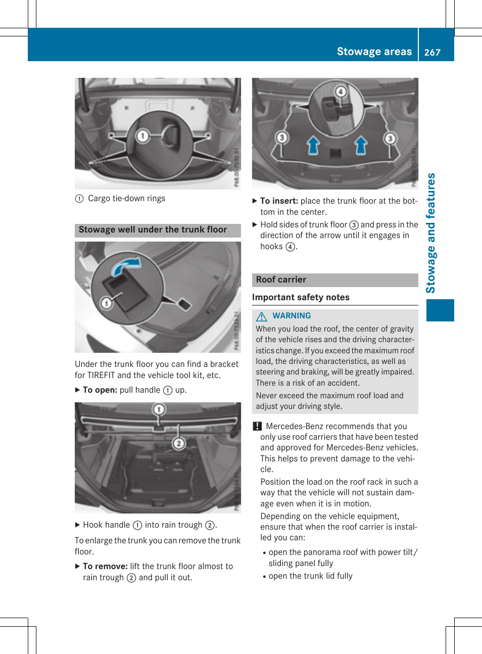 St owage and fea tu re s, Stowage areas | Mercedes-Benz CLA-Class 2015 User Manual | Page 269 / 362