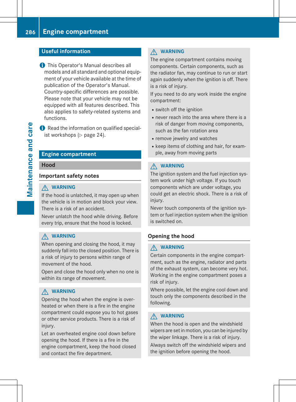 Maint enance and care, Engine compartment | Mercedes-Benz CLA-Class 2015 User Manual | Page 288 / 362