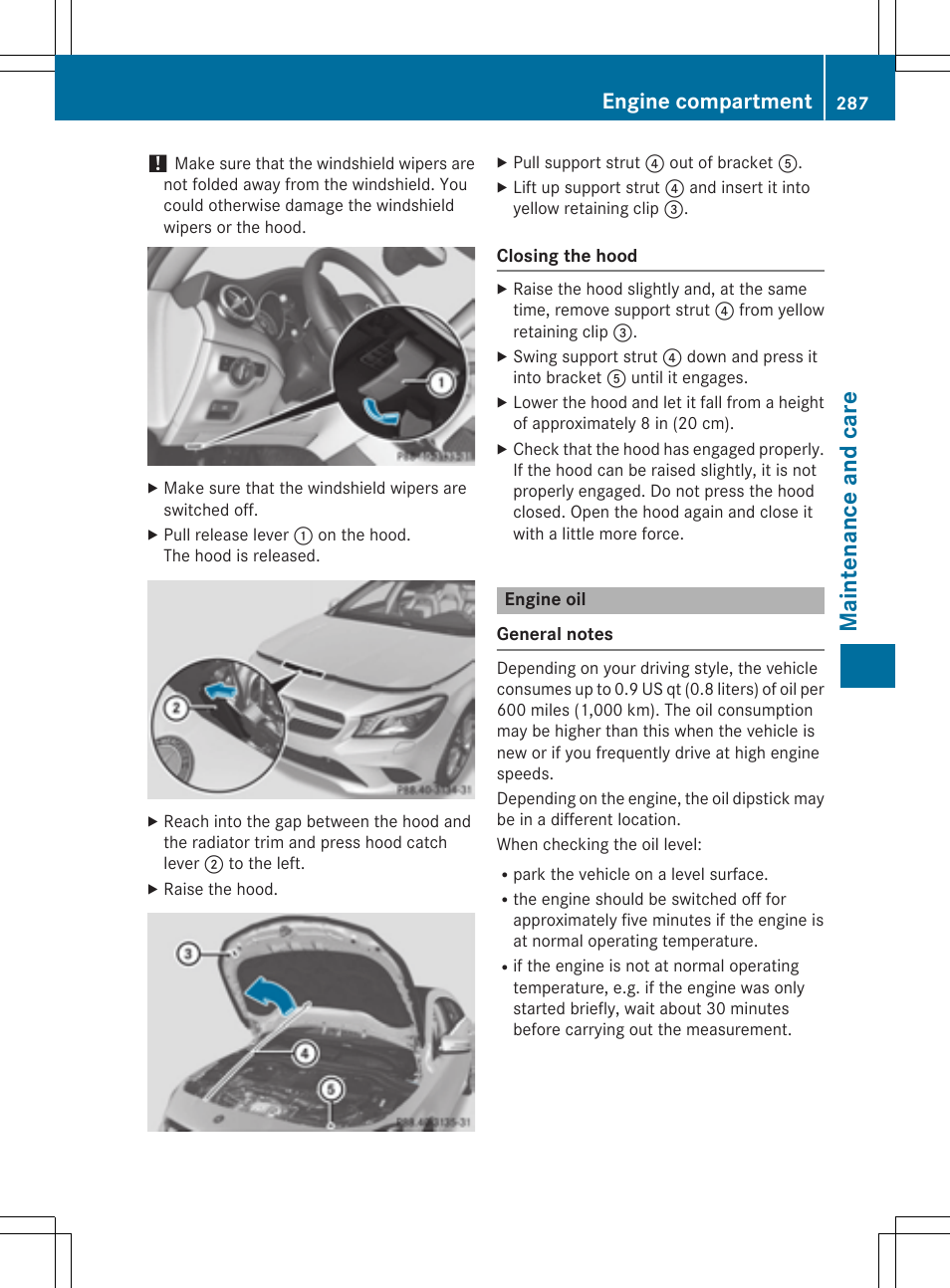 Maintenance and care, Engine compartment | Mercedes-Benz CLA-Class 2015 User Manual | Page 289 / 362