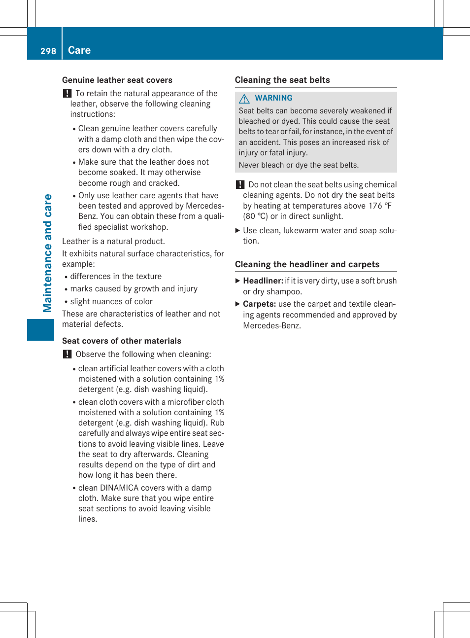 Maintenan ce and care, Care | Mercedes-Benz CLA-Class 2015 User Manual | Page 300 / 362