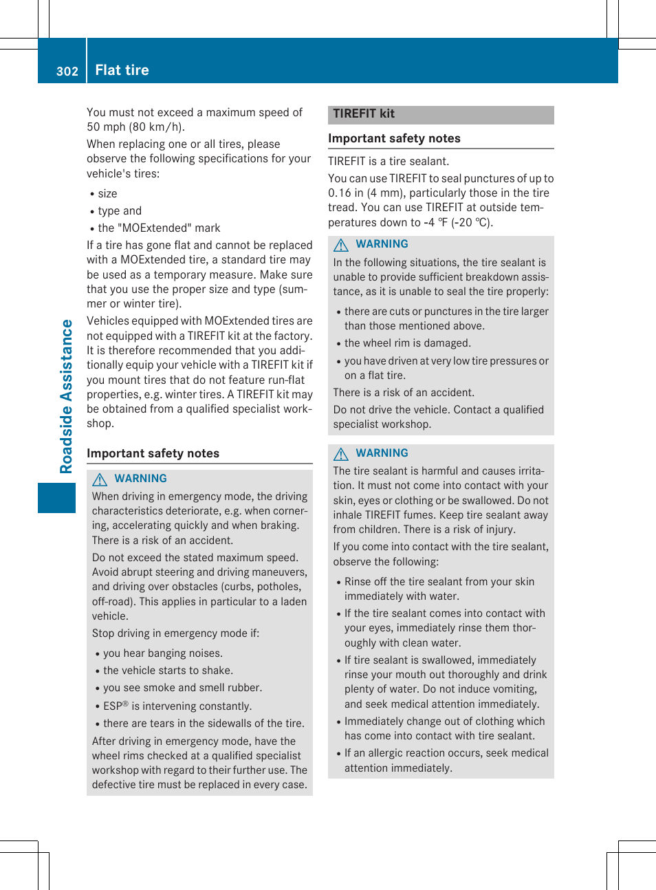 Roa dsid e assista nce, Flat tire | Mercedes-Benz CLA-Class 2015 User Manual | Page 304 / 362