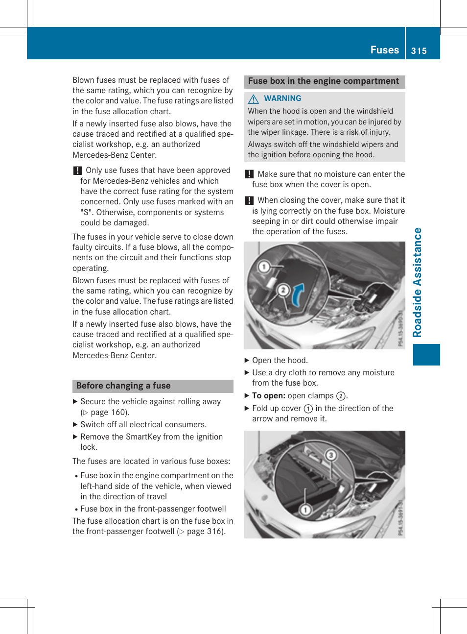 Roadsi de assistanc e, Fuses | Mercedes-Benz CLA-Class 2015 User Manual | Page 317 / 362