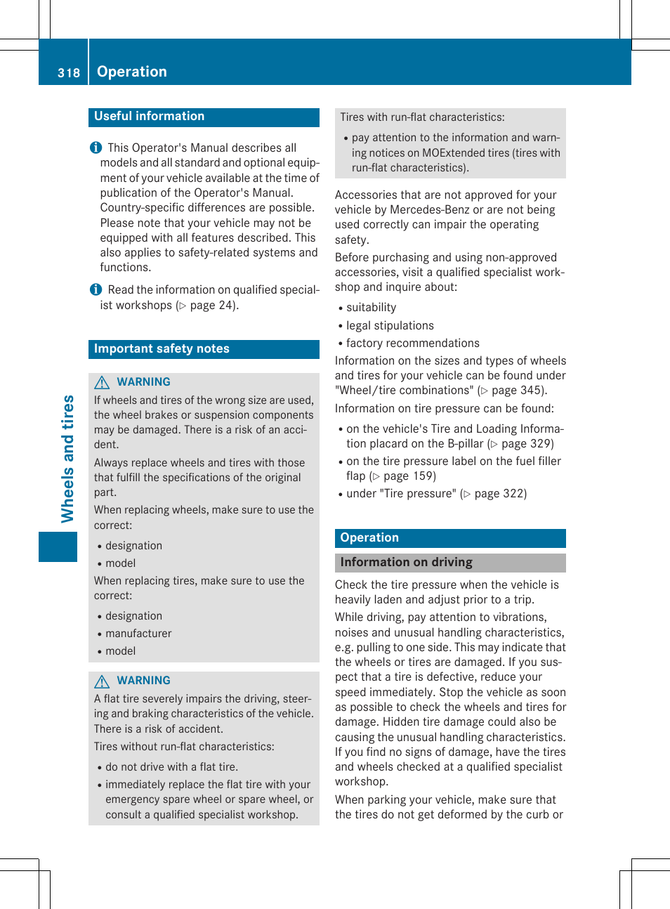 Wheels and tires, Operation | Mercedes-Benz CLA-Class 2015 User Manual | Page 320 / 362